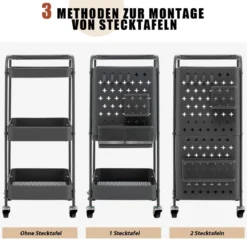 3-stöckiger Rollwagen Metallwagen mit 2 Steckplatten & 2 Körben & 4 Haken Grau