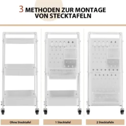 3-stöckiger Rollwagen Metallwagen mit 2 Steckplatten & 2 Körben & 4 Haken Weiß
