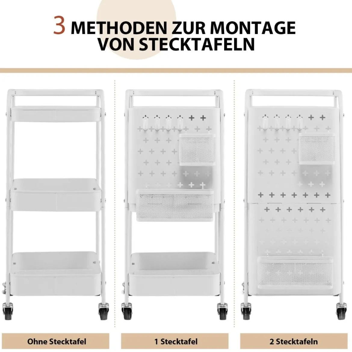 3-stöckiger Rollwagen Metallwagen mit 2 Steckplatten & 2 Körben & 4 Haken Weiß