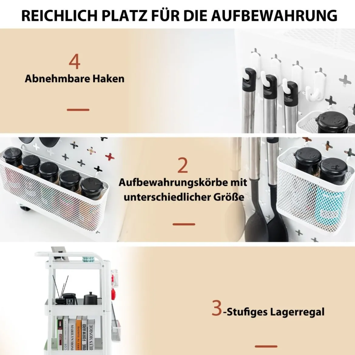 3-stöckiger Rollwagen Metallwagen mit 2 Steckplatten & 2 Körben & 4 Haken Weiß