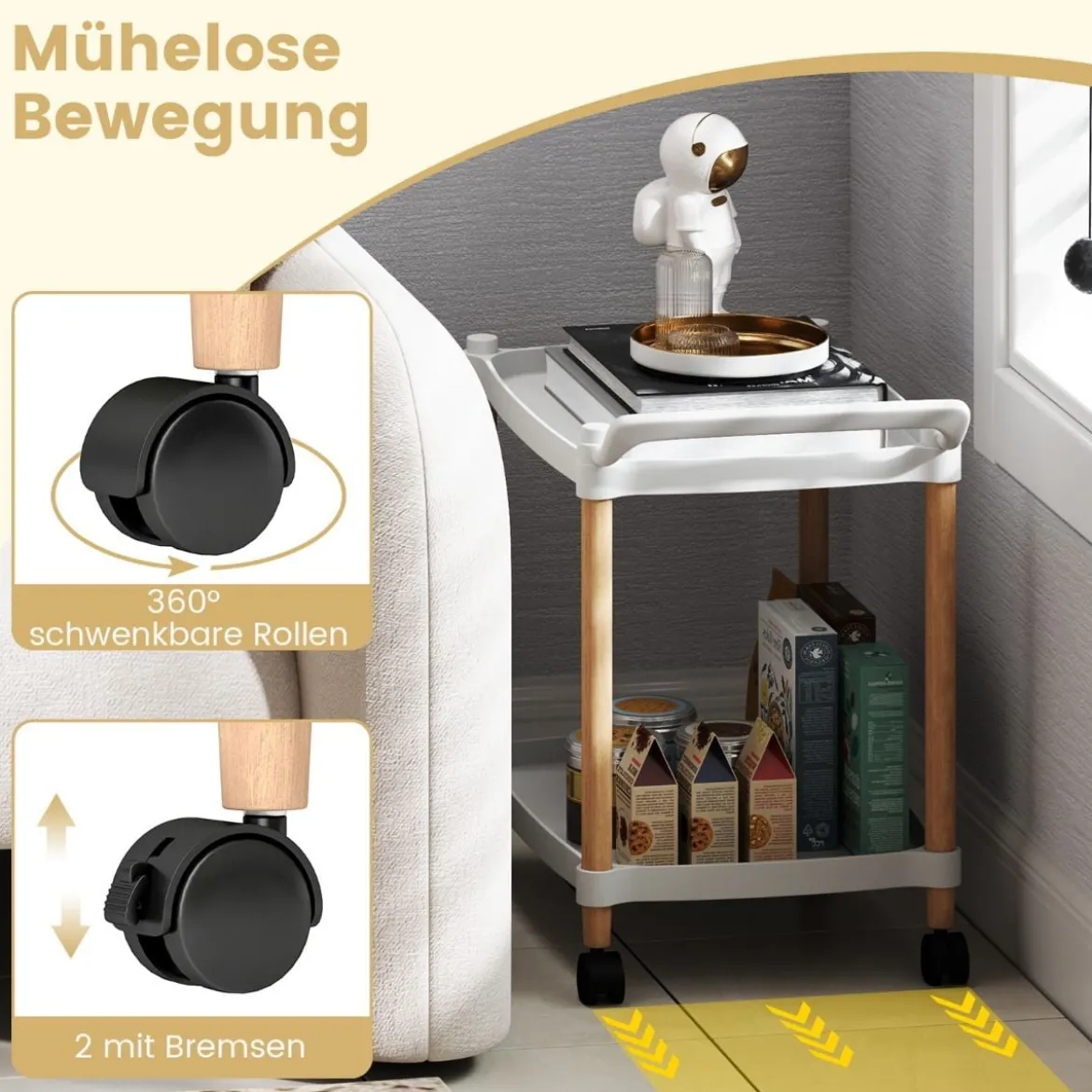 2-stöckiger Rollwagen mit Verriegelbaren Rädern & Buchenholzrahmen Trolley Organizer