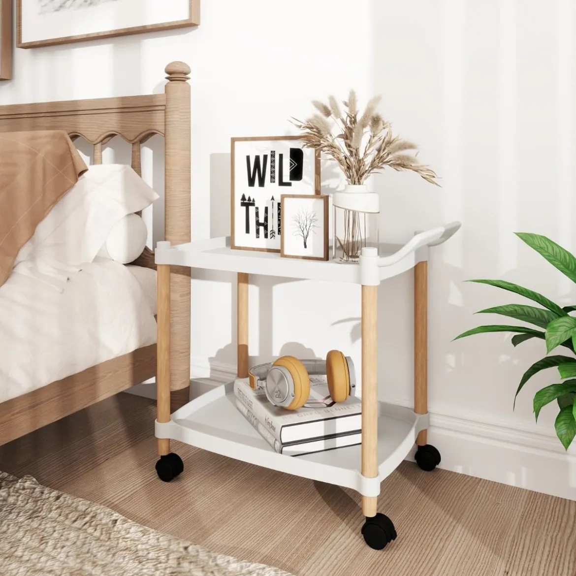 2-stöckiger Rollwagen mit Verriegelbaren Rädern & Buchenholzrahmen Trolley Organizer