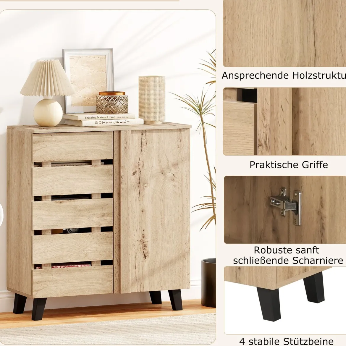 4-stöckiger Schuhschrank 2-türiger Aufbewahrungsorganisator mit Lamellentür & herausnehmbaren Regalen Natur