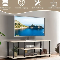 3-Stöckiger TV Ständer mit Massivem Metallrahmen und Offenen Spanplattenregalen Grau