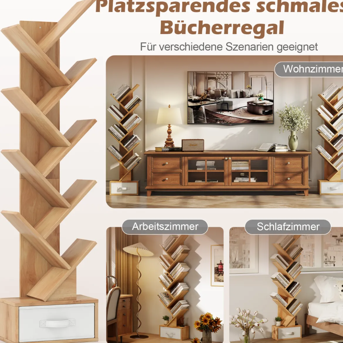 10-stöckiges Baum-Bücherregal mit Schublade Bodenstehendes Lagerregal Natur