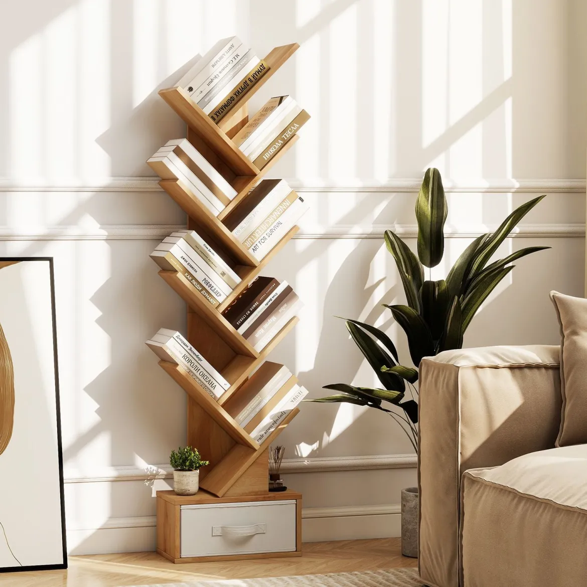 10-stöckiges Baum-Bücherregal mit Schublade Bodenstehendes Lagerregal Natur