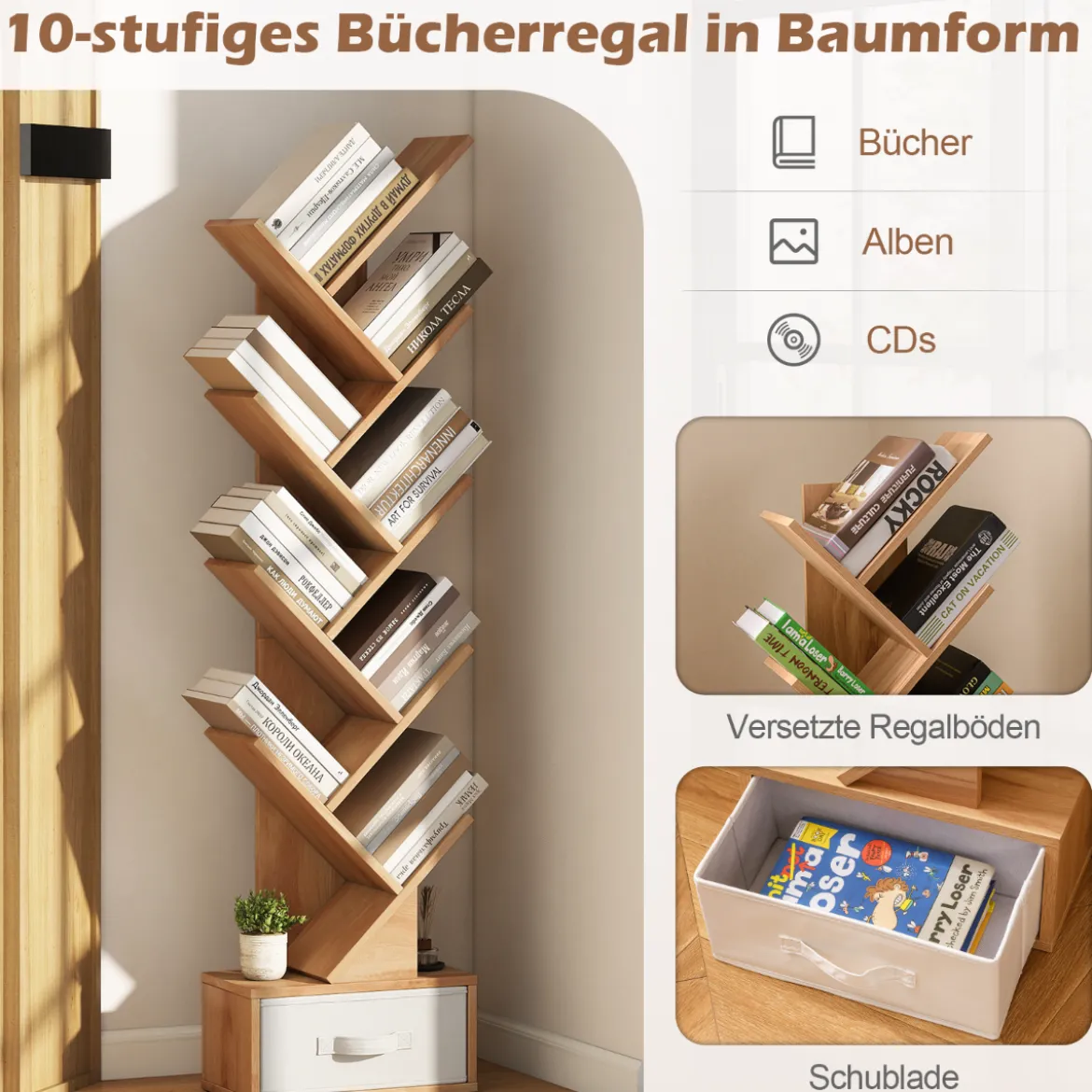 10-stöckiges Baum-Bücherregal mit Schublade Bodenstehendes Lagerregal Natur