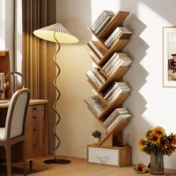 10-stöckiges Baum-Bücherregal mit Schublade Bodenstehendes Lagerregal Natur