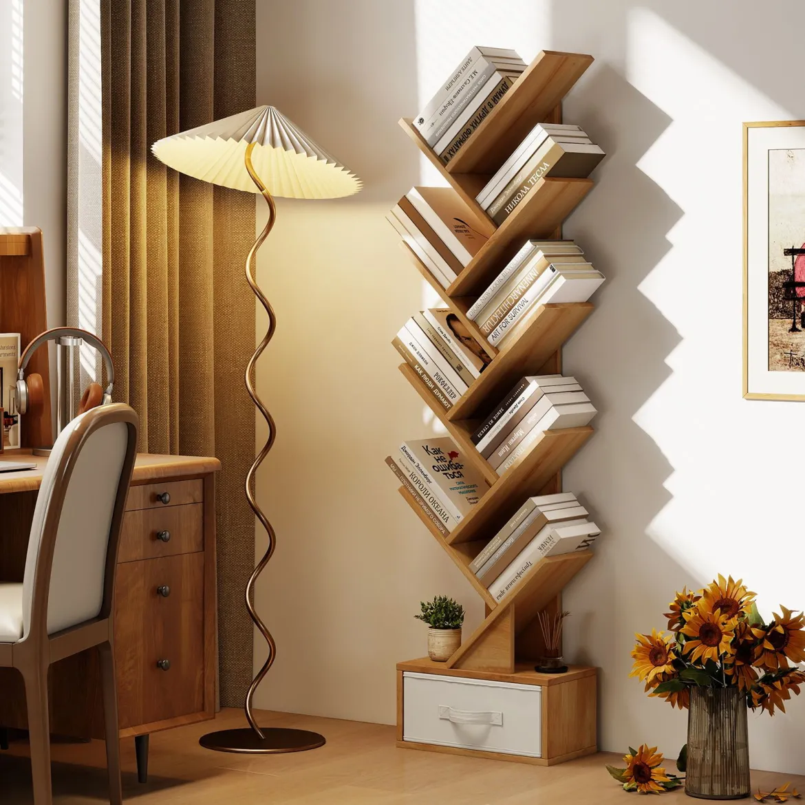 10-stöckiges Baum-Bücherregal mit Schublade Bodenstehendes Lagerregal Natur