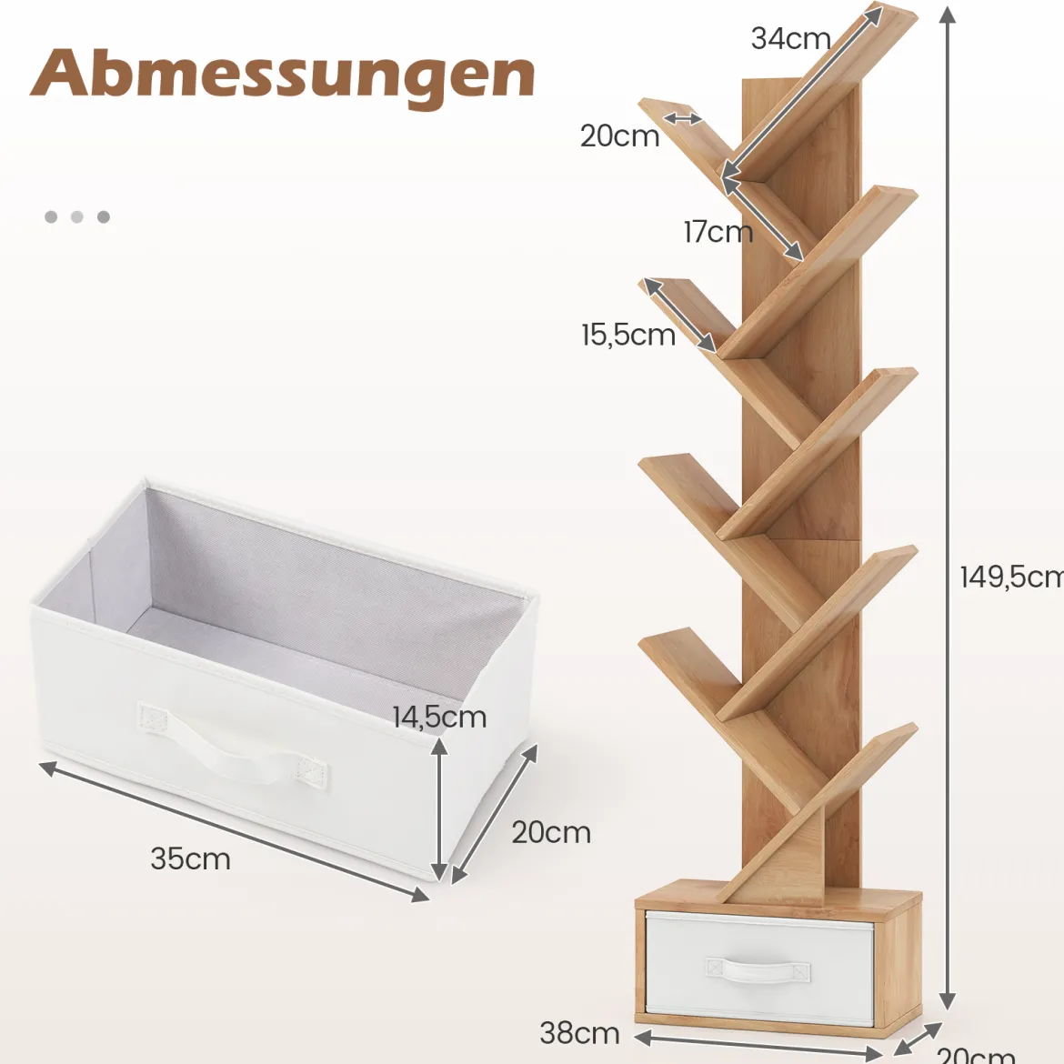 10-stöckiges Baum-Bücherregal mit Schublade Bodenstehendes Lagerregal Natur