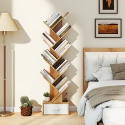 10-stöckiges Baum-Bücherregal mit Schublade Bodenstehendes Lagerregal Natur