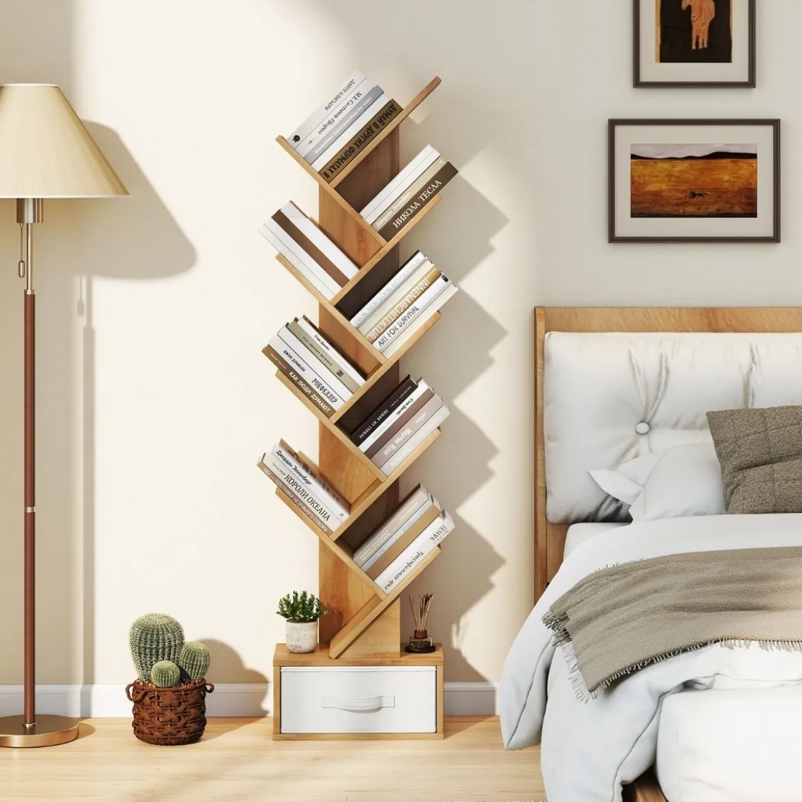 10-stöckiges Baum-Bücherregal mit Schublade Bodenstehendes Lagerregal Natur