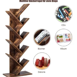 9-Stöckiges Baum Bücherregal mit Anti-Kipp Vorrichtung 51 x 28 x 140 cm Rustikales Braun