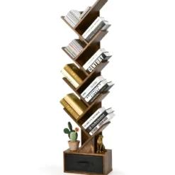 10-stöckiges Baum Bücherregal mit Schublade für Schlafzimmer / Wohnzimmer Rustikales Braun