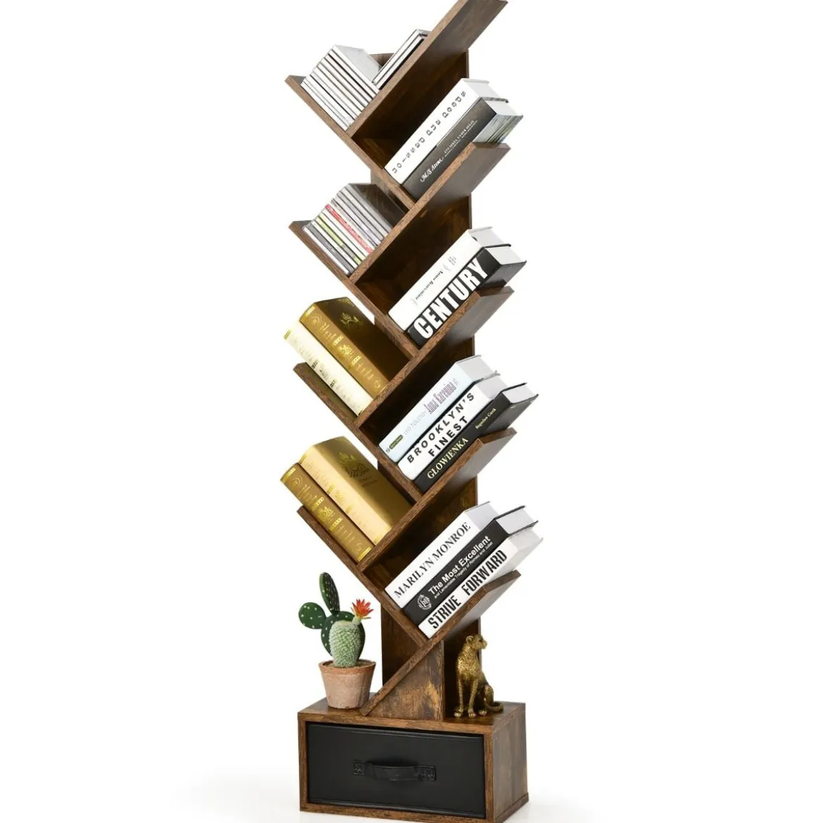 10-stöckiges Baum Bücherregal mit Schublade für Schlafzimmer / Wohnzimmer Rustikales Braun