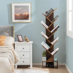 10-stöckiges Baum Bücherregal mit Schublade für Schlafzimmer / Wohnzimmer Rustikales Braun