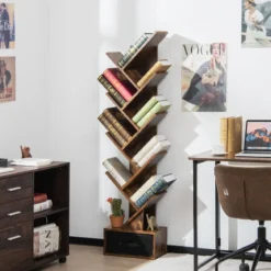 10-stöckiges Baum Bücherregal mit Schublade für Schlafzimmer / Wohnzimmer Rustikales Braun