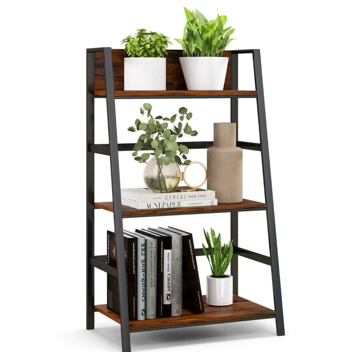 3-stöckiges Bücherregal aus Holz mit Metallrahmen & Kippschutz Industrielles Leiterregal