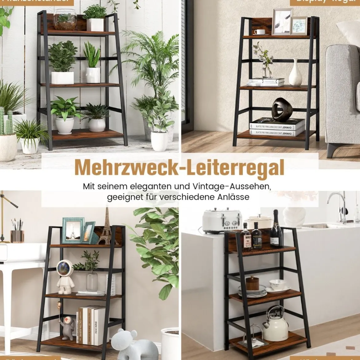 3-stöckiges Bücherregal aus Holz mit Metallrahmen & Kippschutz Industrielles Leiterregal