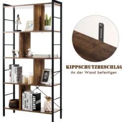 5-stöckiges Bücherregal Bücherregal mit Metallrahmen Standregal Holz 74 x 30 x 154,5 cm Braun