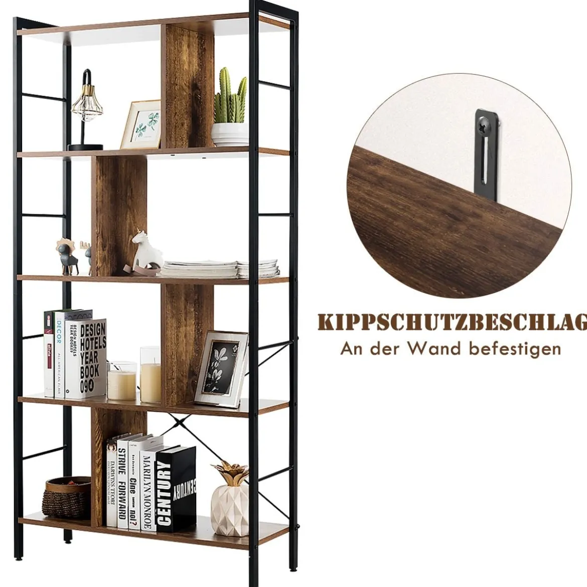 5-stöckiges Bücherregal Bücherregal mit Metallrahmen Standregal Holz 74 x 30 x 154,5 cm Braun