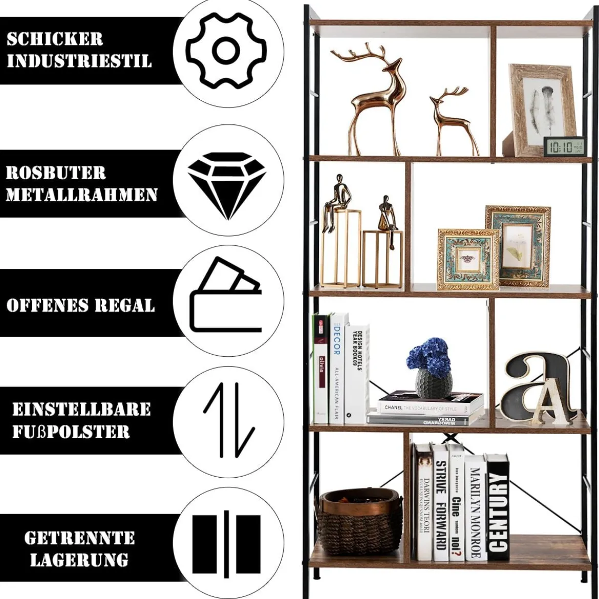 5-stöckiges Bücherregal Bücherregal mit Metallrahmen Standregal Holz 74 x 30 x 154,5 cm Braun