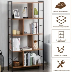 5-stöckiges Bücherregal Bücherregal mit Metallrahmen Standregal Holz 74 x 30 x 154,5 cm Braun
