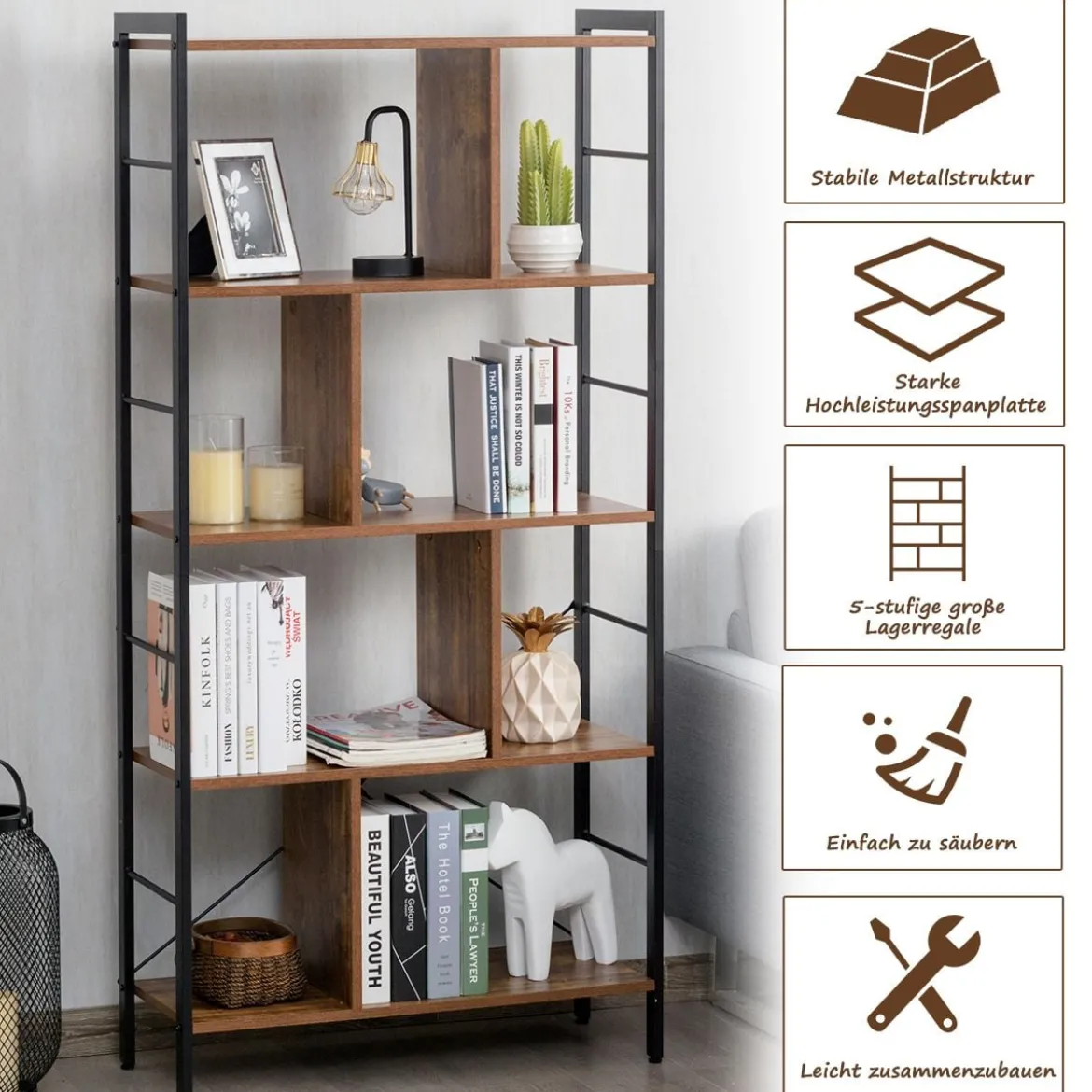 5-stöckiges Bücherregal Bücherregal mit Metallrahmen Standregal Holz 74 x 30 x 154,5 cm Braun