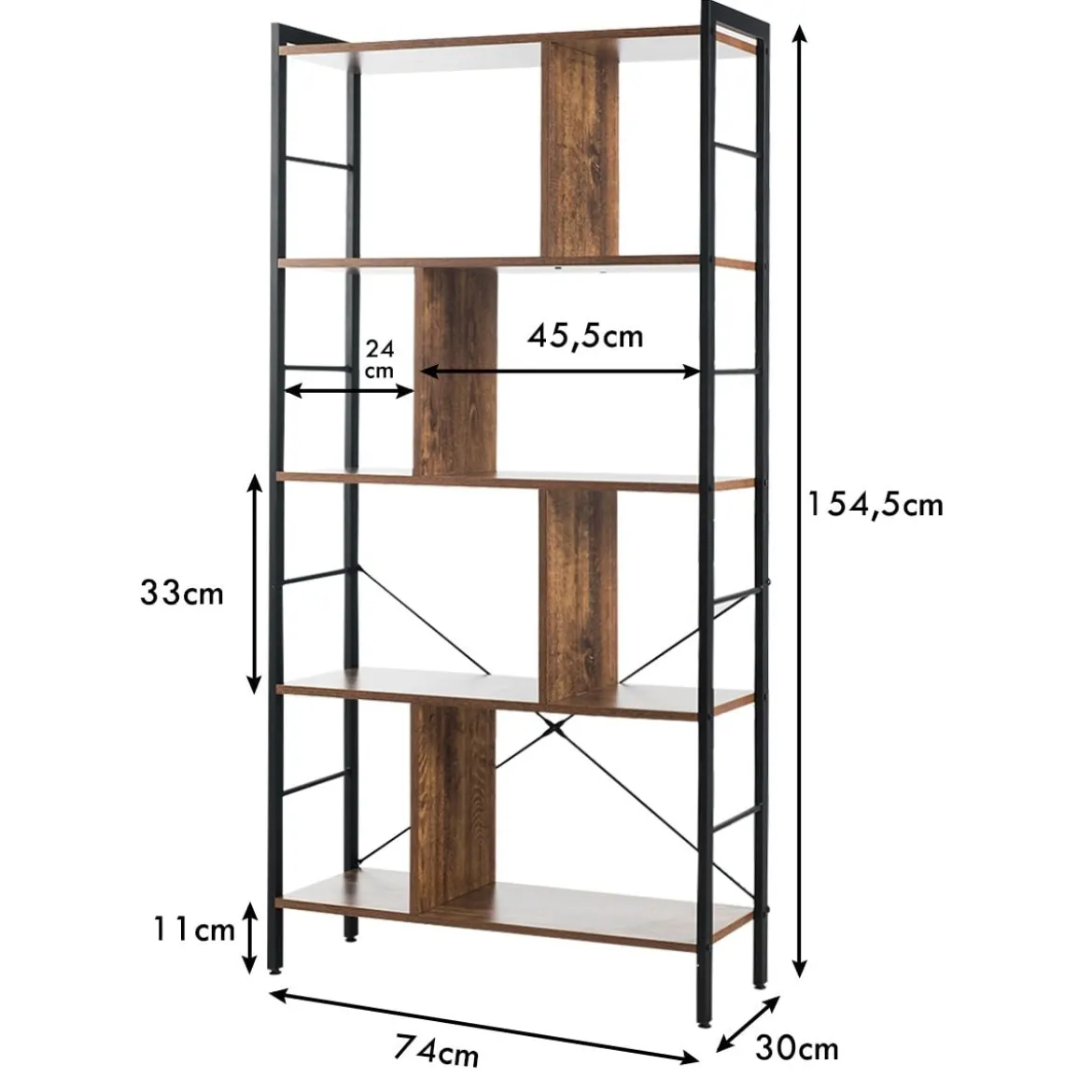 5-stöckiges Bücherregal Bücherregal mit Metallrahmen Standregal Holz 74 x 30 x 154,5 cm Braun