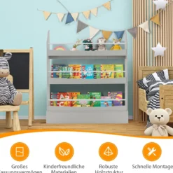 3-Stöckiges Bücherregal für Kinder Freistehendes Ablageregal Grau
