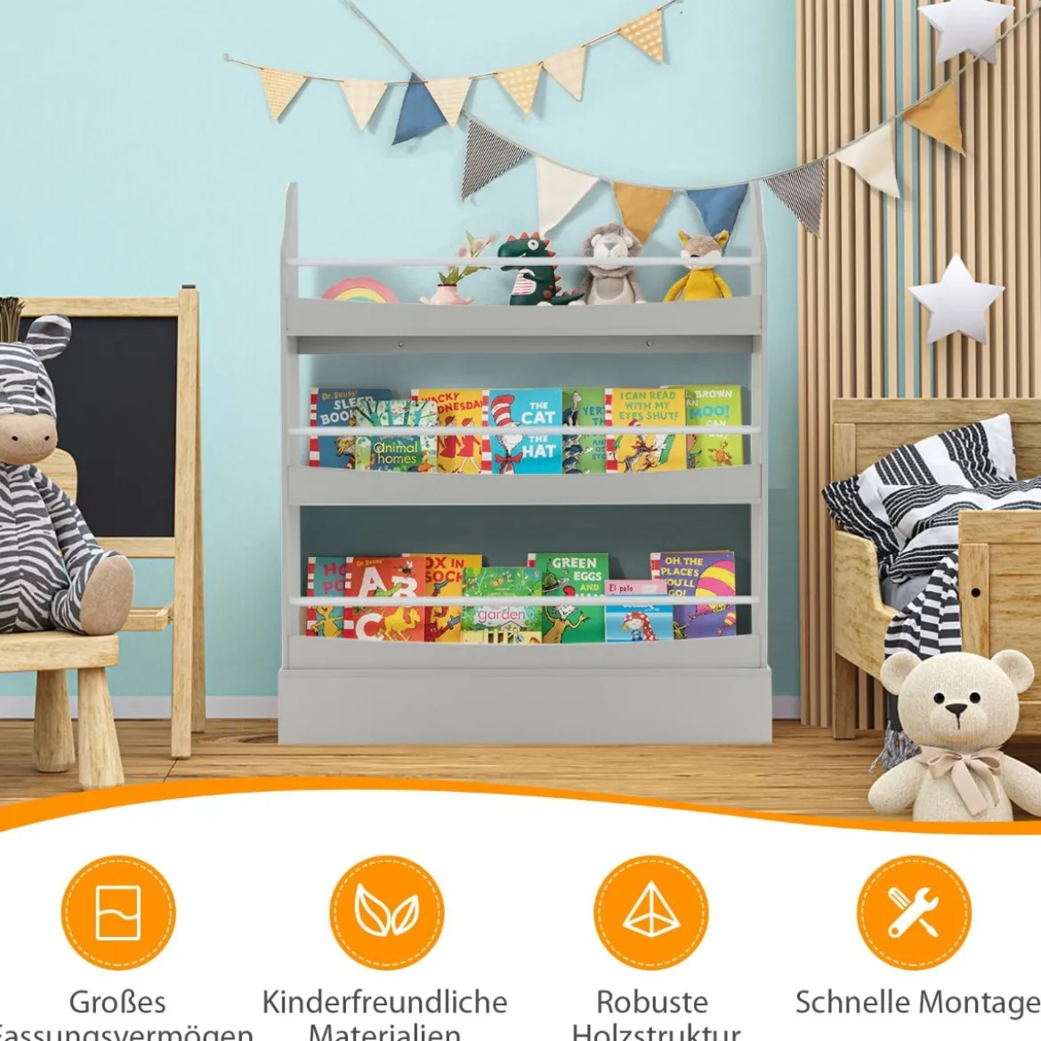 3-Stöckiges Bücherregal für Kinder Freistehendes Ablageregal Grau