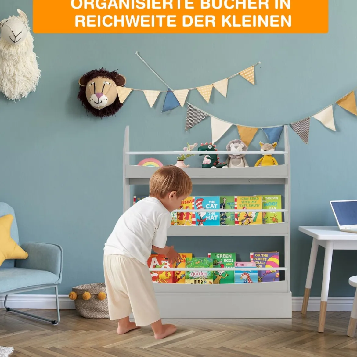 3-Stöckiges Bücherregal für Kinder Freistehendes Ablageregal Grau