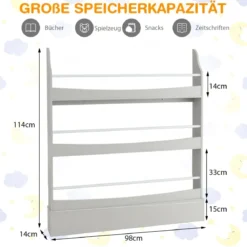 3-Stöckiges Bücherregal für Kinder Freistehendes Ablageregal Grau