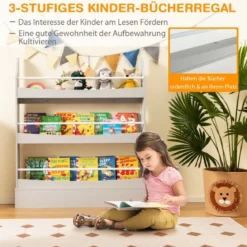 3-Stöckiges Bücherregal für Kinder Freistehendes Ablageregal Grau