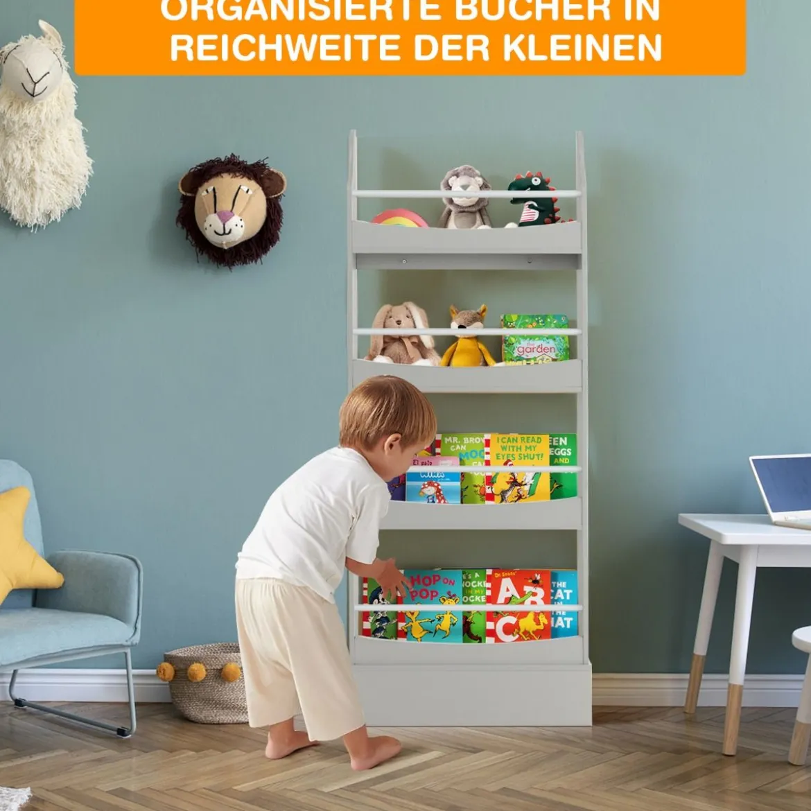 4-Stöckiges Bücherregal für Kinder Freistehendes Ablageregal mit Kippschutz 60 x 14 x 147 cm Grau