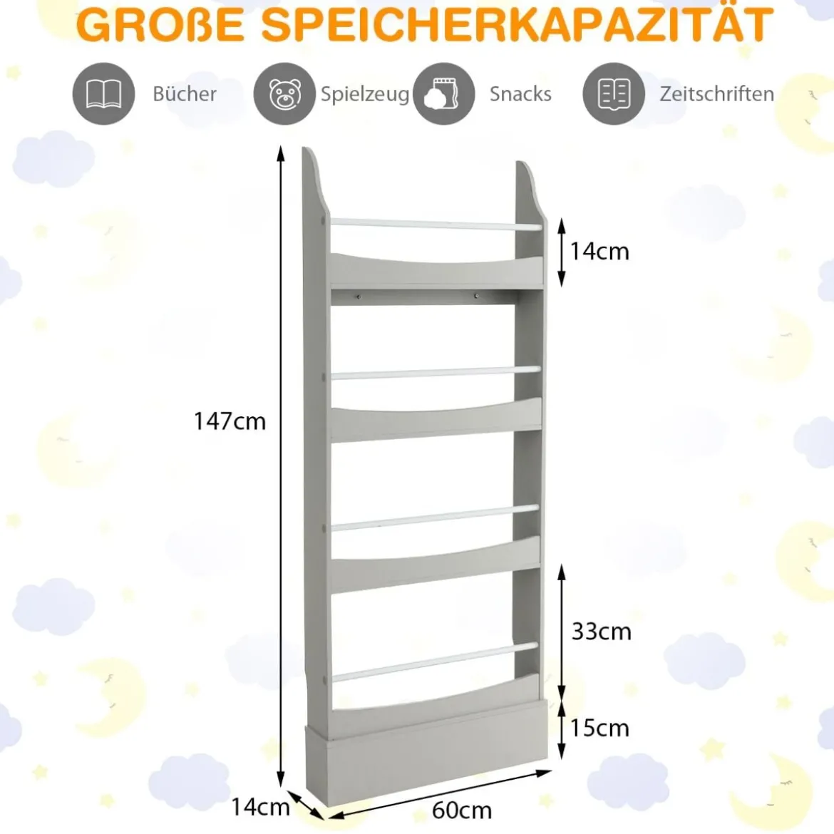 4-Stöckiges Bücherregal für Kinder Freistehendes Ablageregal mit Kippschutz 60 x 14 x 147 cm Grau