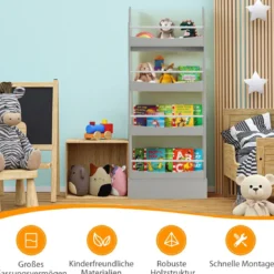 4-Stöckiges Bücherregal für Kinder Freistehendes Ablageregal mit Kippschutz 60 x 14 x 147 cm Grau