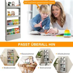 4-Stöckiges Bücherregal für Kinder Freistehendes Ablageregal mit Kippschutz 60 x 14 x 147 cm Grau