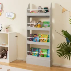 4-Stöckiges Bücherregal für Kinder Freistehendes Ablageregal mit Kippschutz 60 x 14 x 147 cm Grau
