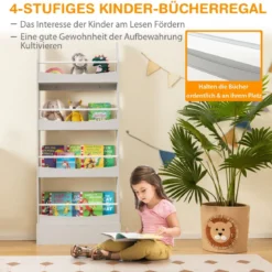 4-Stöckiges Bücherregal für Kinder Freistehendes Ablageregal mit Kippschutz 60 x 14 x 147 cm Grau