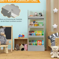 4-Stöckiges Bücherregal für Kinder Freistehendes Ablageregal mit Kippschutz 60 x 14 x 147 cm Grau