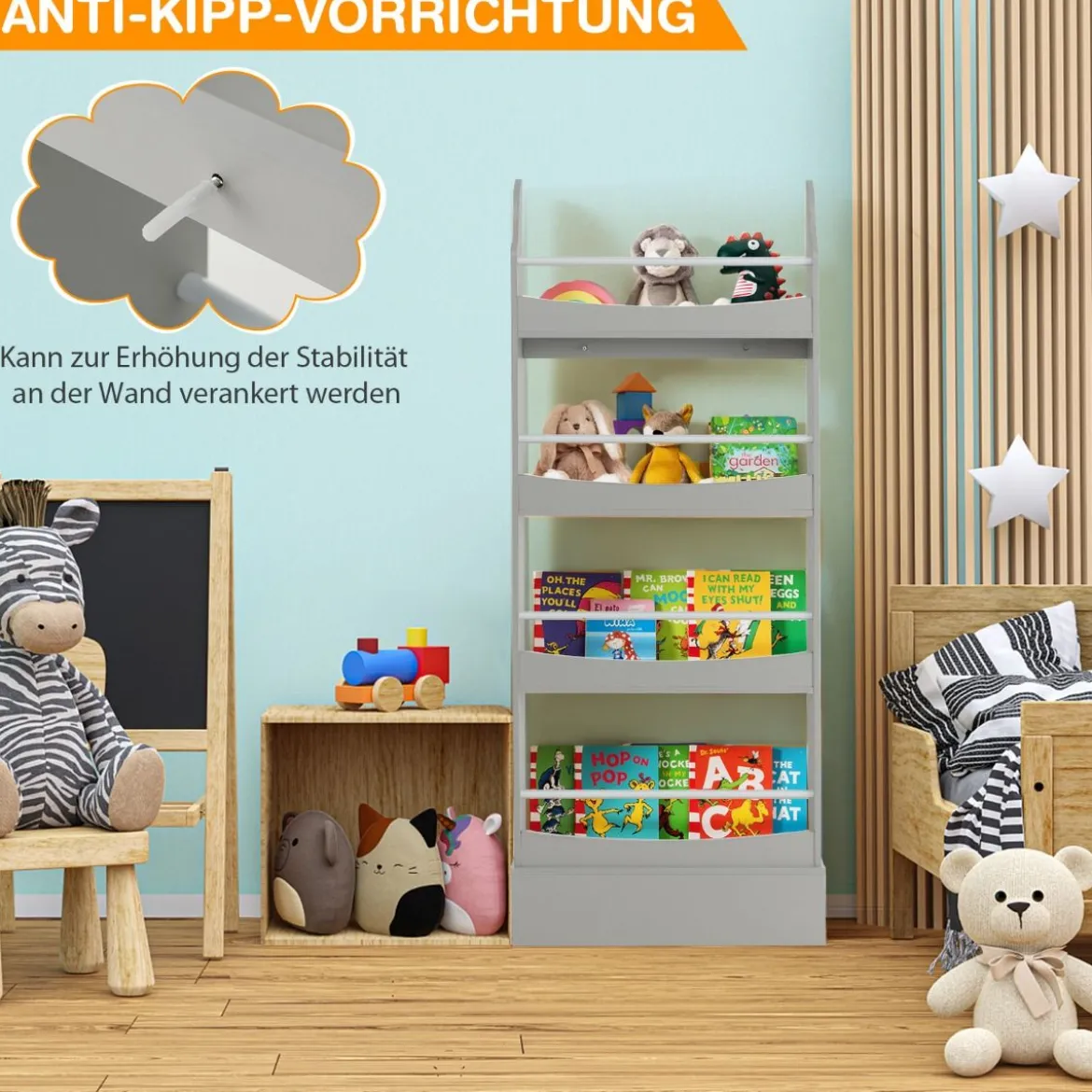 4-Stöckiges Bücherregal für Kinder Freistehendes Ablageregal mit Kippschutz 60 x 14 x 147 cm Grau
