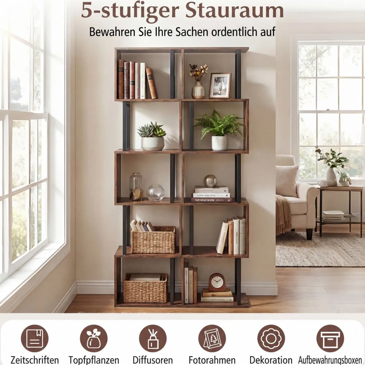 5 stöckiges Bücherregal Geometrisches Standregal mit Kippschutz Freistehendes Lagerregal Rustikales Braun