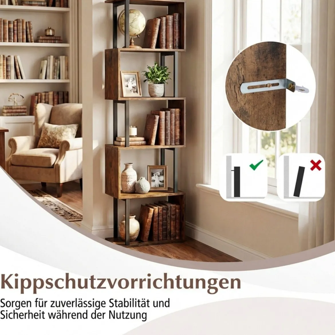 5 stöckiges Bücherregal Geometrisches Standregal mit Kippschutz Freistehendes Lagerregal Rustikales Braun