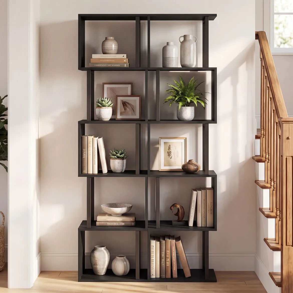 5 stöckiges Bücherregal Geometrisches Standregal mit Kippschutz Freistehendes Lagerregal Schwarz