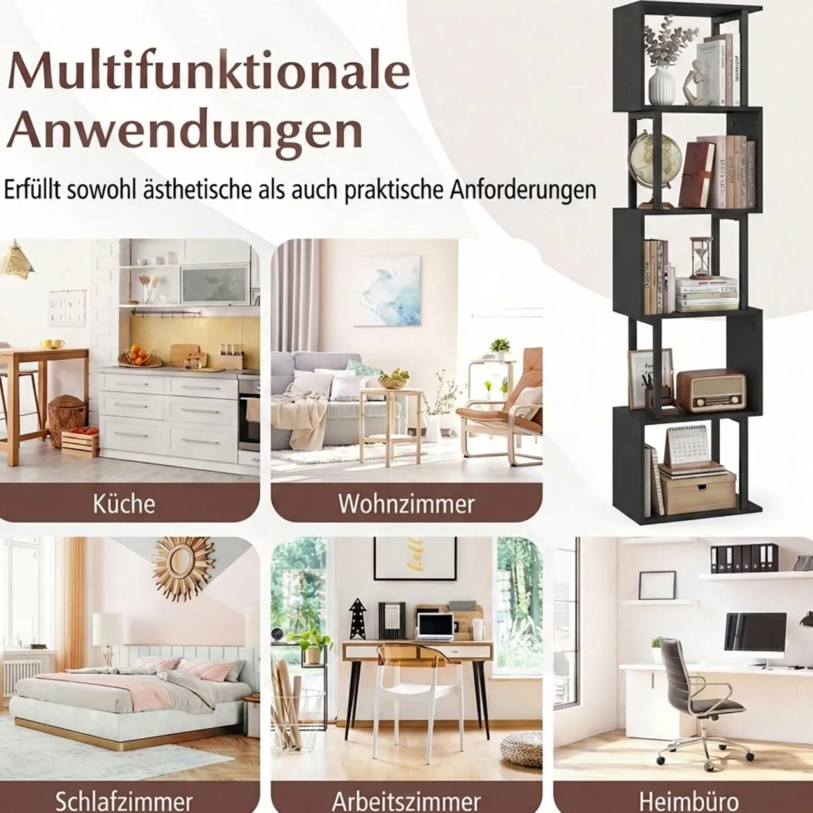 5 stöckiges Bücherregal Geometrisches Standregal mit Kippschutz Freistehendes Lagerregal Schwarz