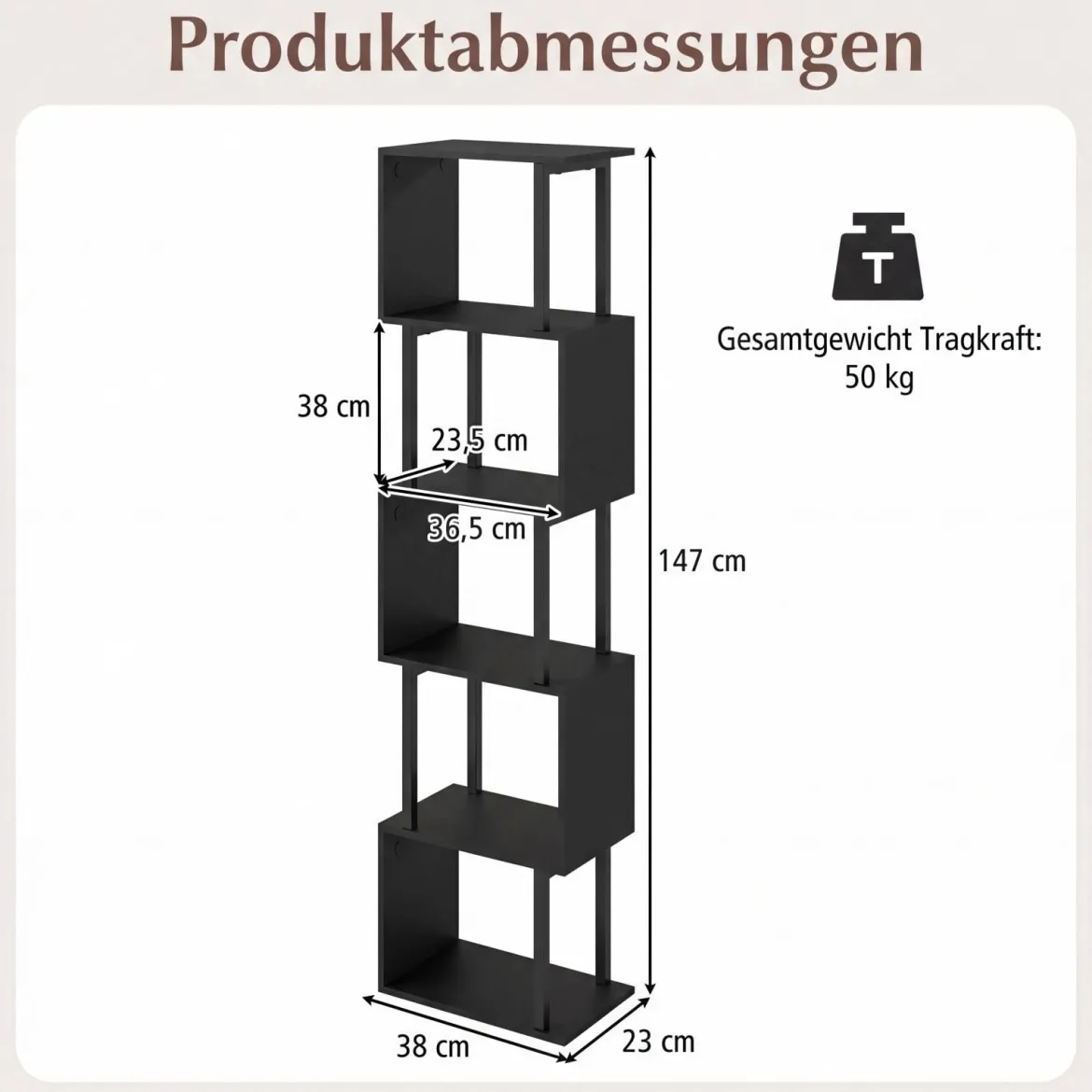 5 stöckiges Bücherregal Geometrisches Standregal mit Kippschutz Freistehendes Lagerregal Schwarz