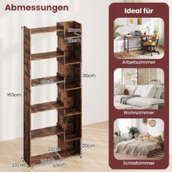 6-stöckiges Bücherregal Holzregal mit 2 Kippsicherungen offenes Ausstellungsregal 69 x 22 x 163 cm