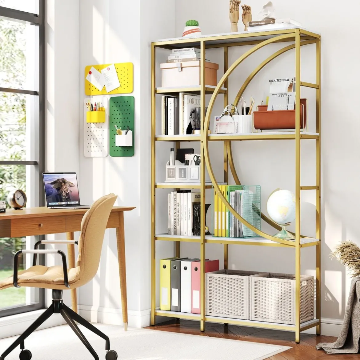 6-stöckiges Bücherregal industrielles Büroregal mit offenen Ablageflächen hohes Regal mit bogenförmigem Design Standregale
