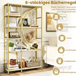 6-stöckiges Bücherregal industrielles Büroregal mit offenen Ablageflächen hohes Regal mit bogenförmigem Design Standregale